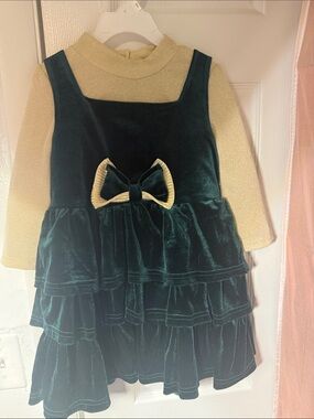 Neuw Girls Emerald Green Velvet Tiered Dress with Gold Top
